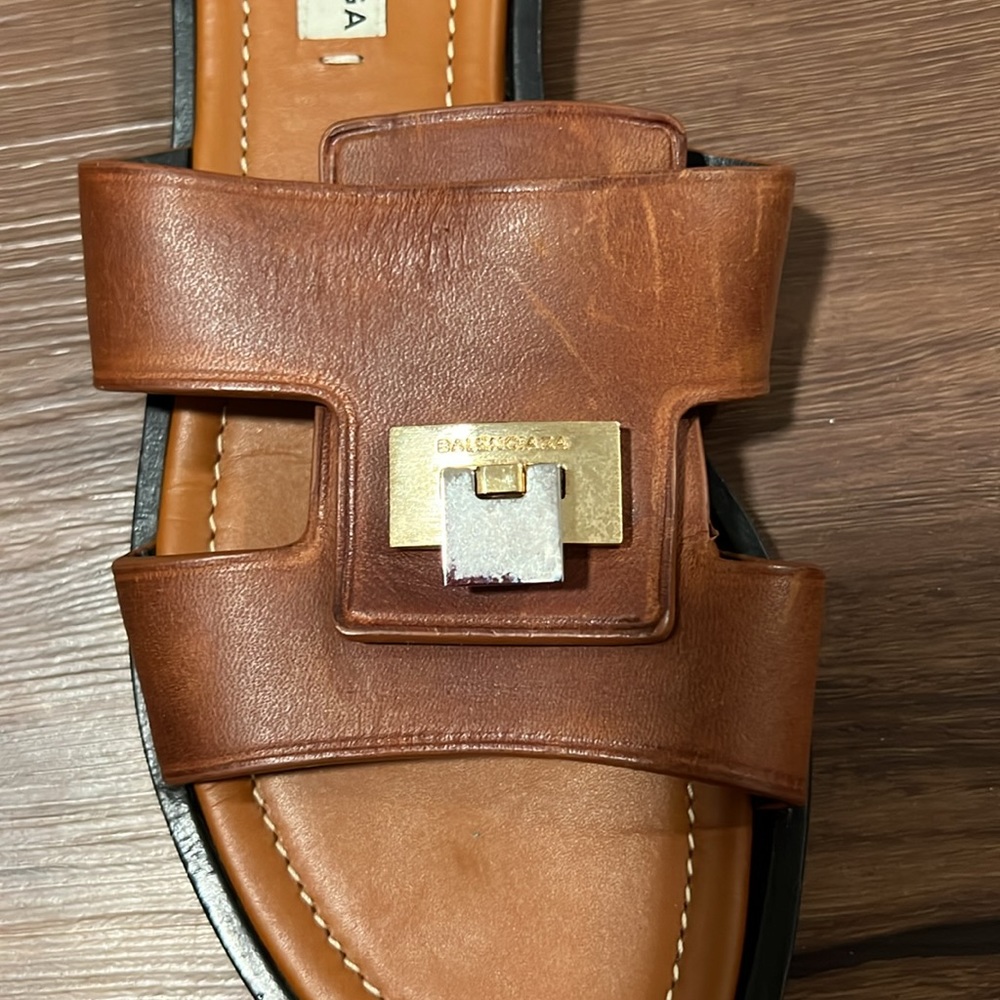 Balenciaga Brown Leather Flip Lock Flat Slides Size 36 - Picture 3 of 7